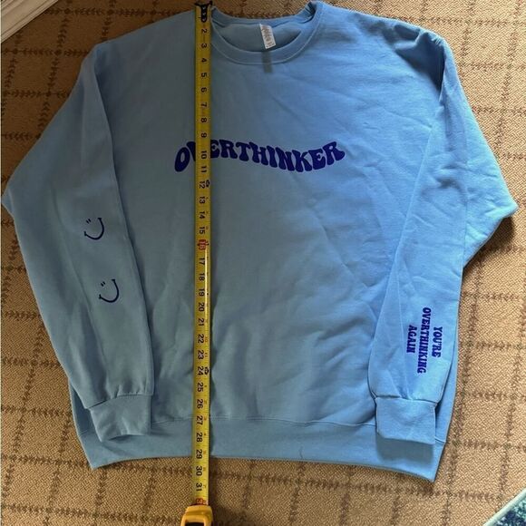 Light blue crewneck sweatshirt long sleeved  "Overthinker" in navy text NWOT XL - Picture 7 of 10
